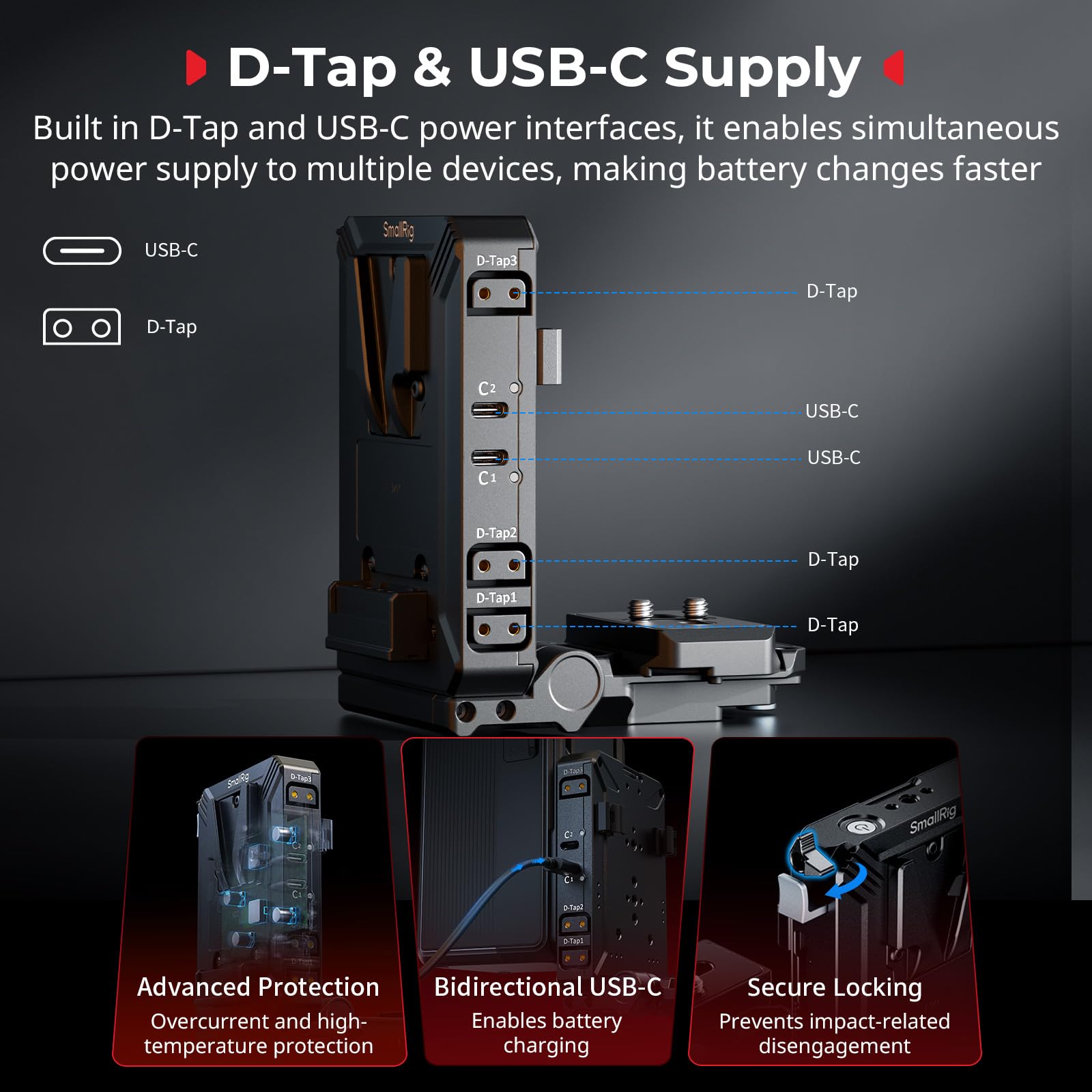 smallrig-v-mount-akkuplatten-kit-arca-qr-mit-lcd-schutz-d-tap-usb-c image 6