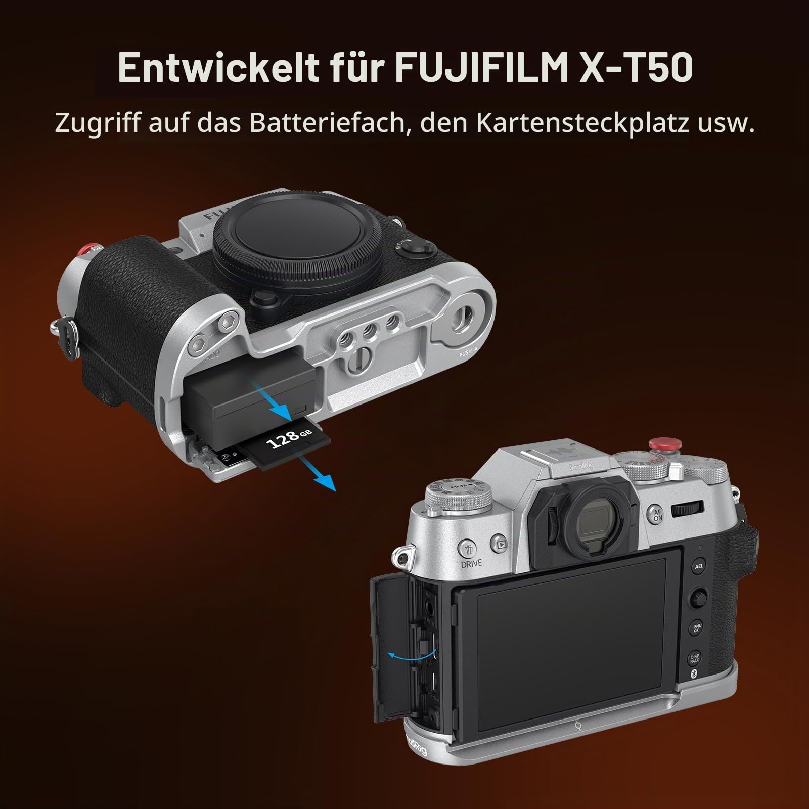 smallrig-4713c-l-f-rmiger-silikongriff-silber-f-r-fujifilm-x-t50-mit-arca-platte image 2