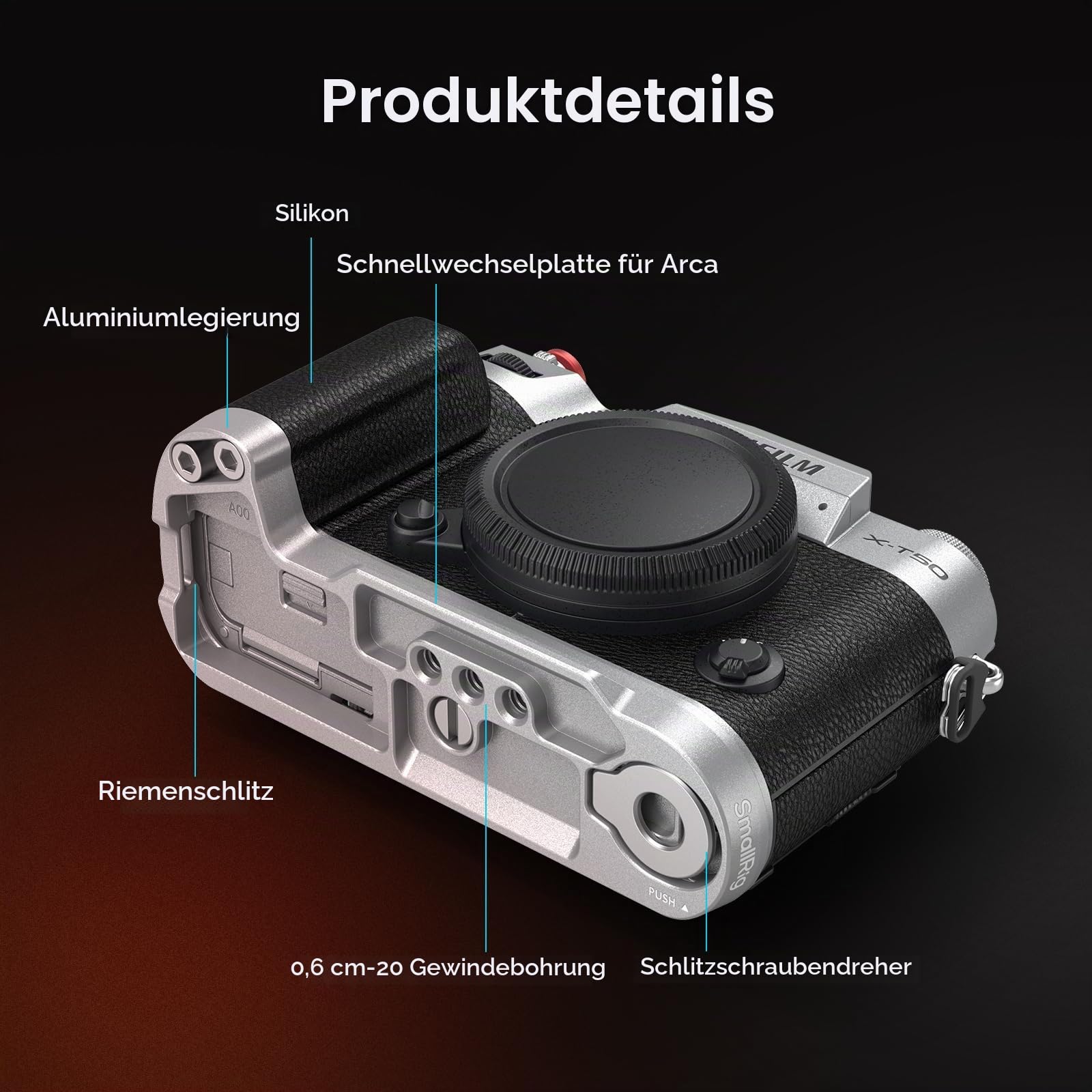 smallrig-4713c-l-f-rmiger-silikongriff-silber-f-r-fujifilm-x-t50-mit-arca-platte image 7