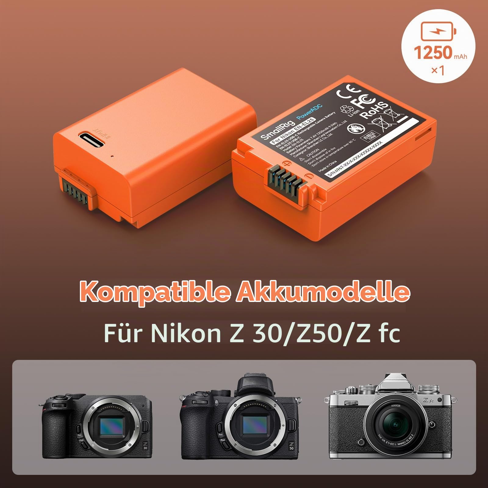 smallrig-4967-en-el25-usb-c-kamera-akku-1250mah-f-r-nikon-z30-z50-z50-ii-z-fc-or image 3