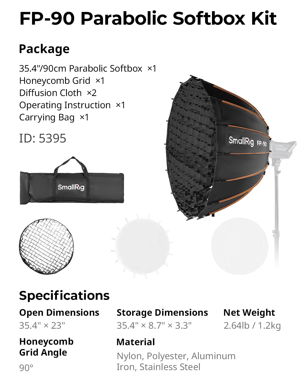 smallrig-fp-90-parabol-softbox-5395-35-4-zoll-bowens-mit-wabe-und-diffusoren image 8