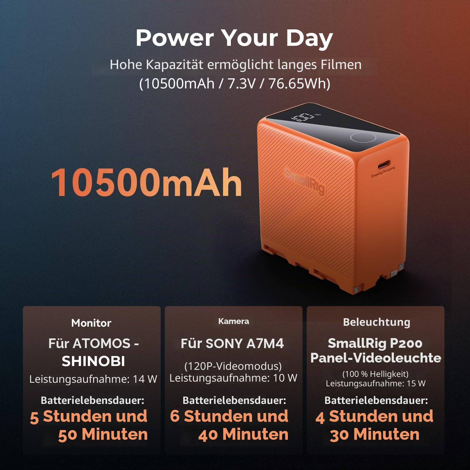 smallrig-np-f970-akku-4576-10500mah-mit-pd-36w-usb-c-und-oled-display-orange image 3