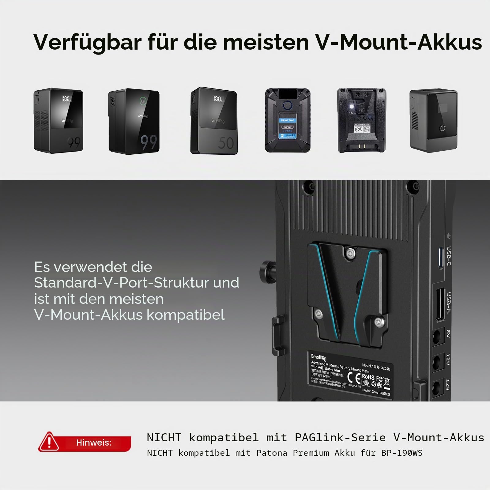 smallrig-3204b-v-mount-akkuplatte-mit-verstellbarem-arm-65w-pd-usb-c-und-d-tap image 2